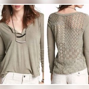 Free People Womens L Patchwork Knit V Neck Pullover Tunic Olive Green Cotton